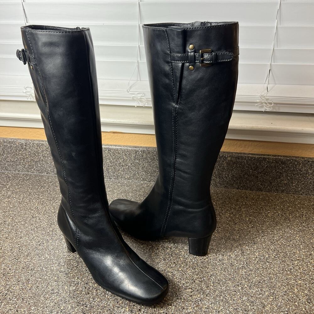 Ecco Knee High Boots Black Leather Womens Size EU 37 US 6.5 Low Heel Zip Buckled